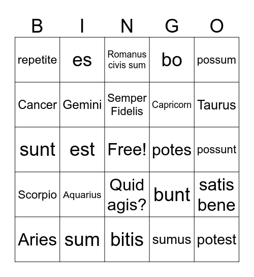 Latin Review Lessons 15-20 Bingo Card