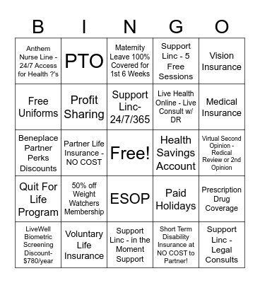 Benefits Bingo Card