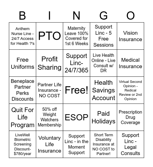 Benefits Bingo Card