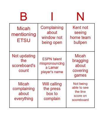 LU Baseball Bingo Card