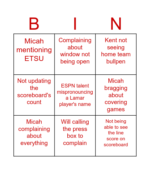 LU Baseball Bingo Card