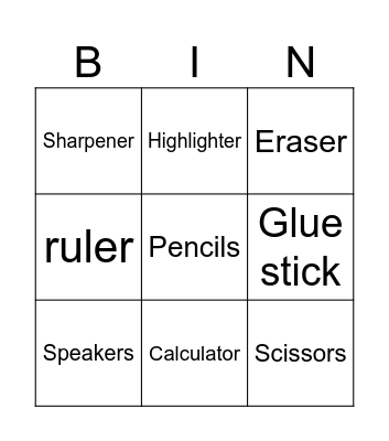 Classroom supplies Bingo Card