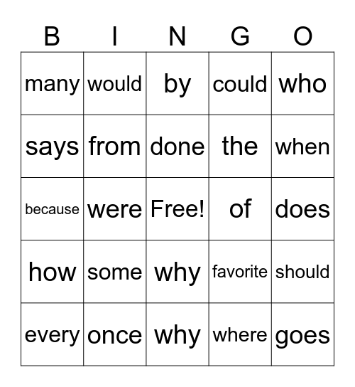 Heart Words BINGO Card
