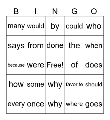 Heart Words BINGO Card