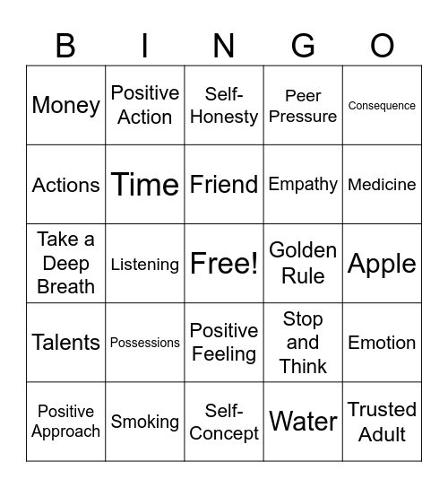 Positive Action Review Bingo Card