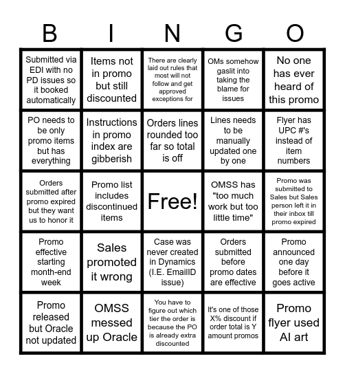 Promo Orders Bingo Card