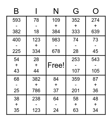 2 and 3 Digit Addition & Subtraction Bingo Card