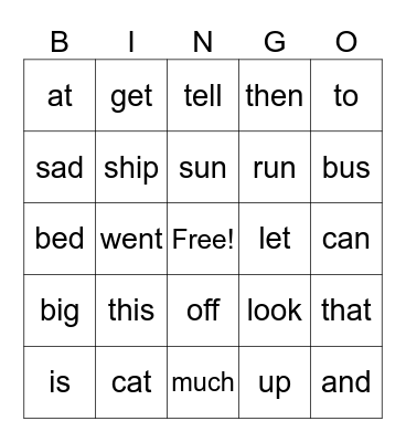 K sight words Bingo Card