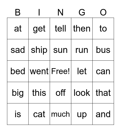K sight words Bingo Card