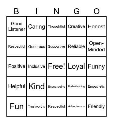 Friendship Bingo Card