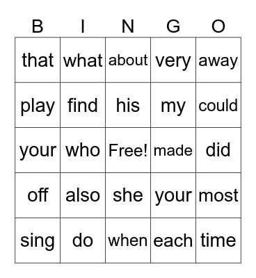 1st grade Sight Words Bingo Card