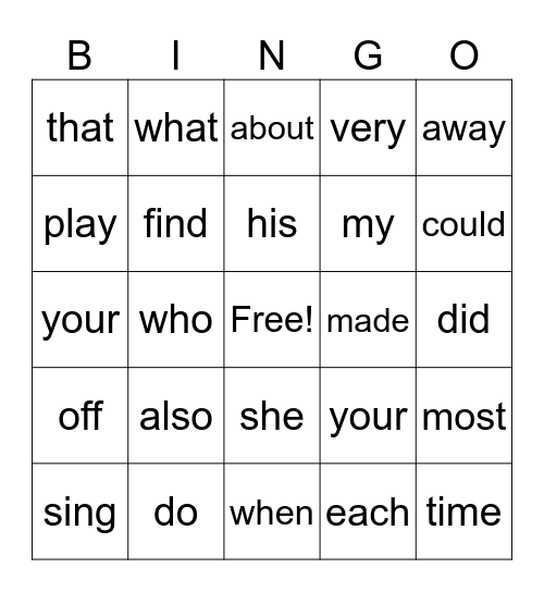 1st grade Sight Words Bingo Card