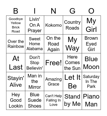 Senior Songs Bingo Card