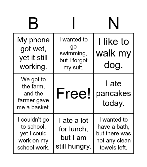 Compound and Simple Sentences Bingo Card
