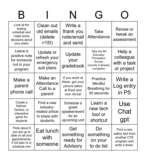 KCTC- WorkKeys Window 1 BINGO Card