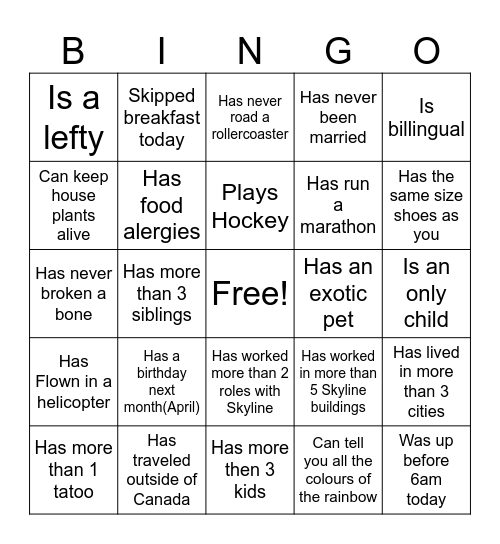 Skyline Living Bingo Card