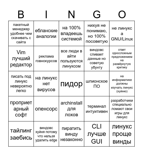 БЕЗМОЗГЛЫЙ ФАНАТИК ЛИНУКС Bingo Card