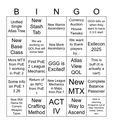 Bill's PoE 2 0.2.0 Predicitions Bingo Card