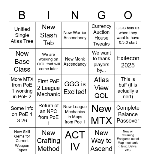 Bill's PoE 2 0.2.0 Predicitions Bingo Card