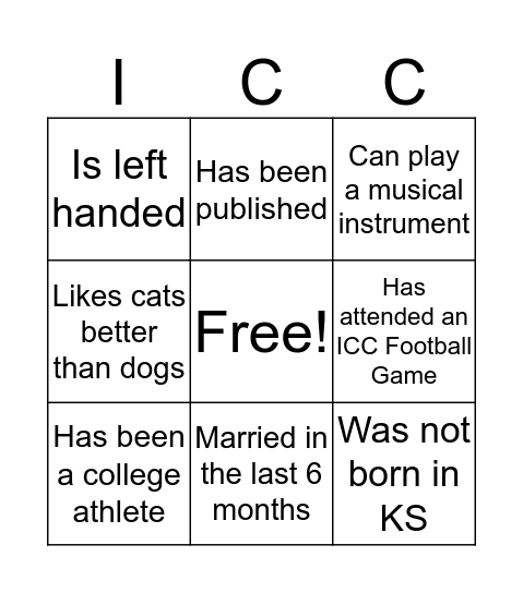 Get to Know you ICC Bingo Card