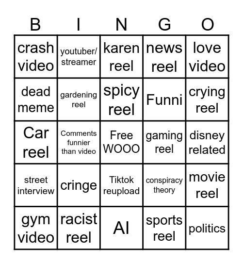 Instagram reel bingo Card