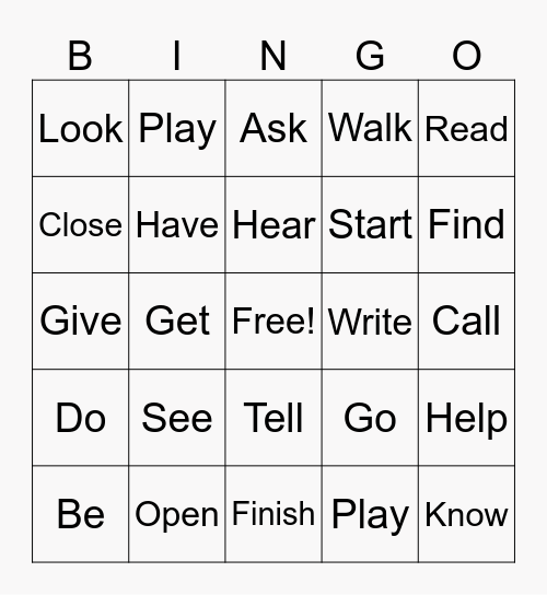 Verbs in English Bingo Card