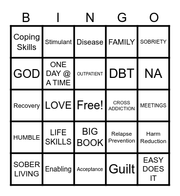 Recovery Bingo Card