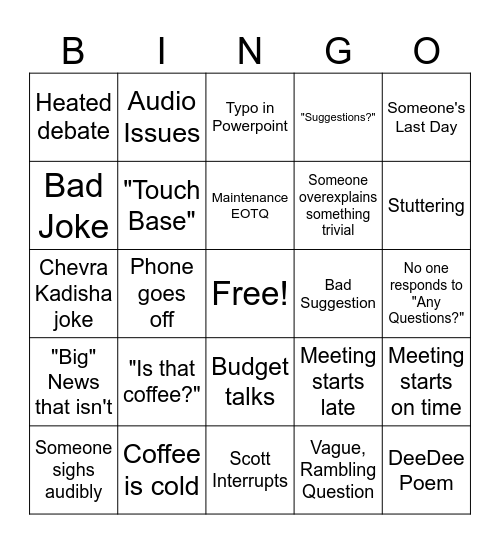 Quarterly Meeting Bingo Card