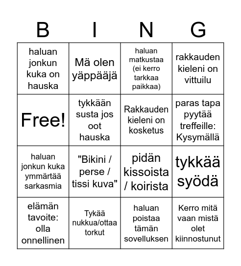 Hinge profiilit mitkä ei kerro mitään minkä laisia ihmisiä he ovat Bingo Card