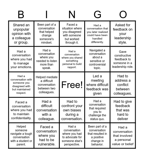 Courageous Conversation Bingo Card