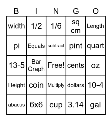 Math Vocabulary Bingo Card