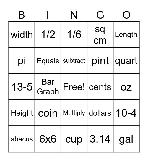 Math Vocabulary Bingo Card