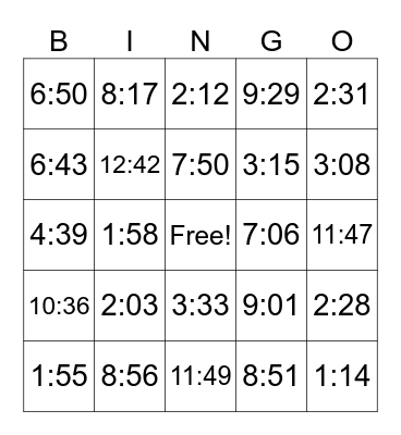 Telling Time to the Nearest Minute Bingo Card