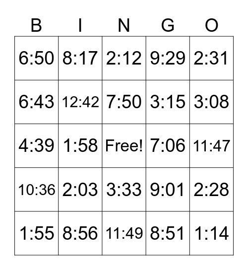 Telling Time to the Nearest Minute Bingo Card