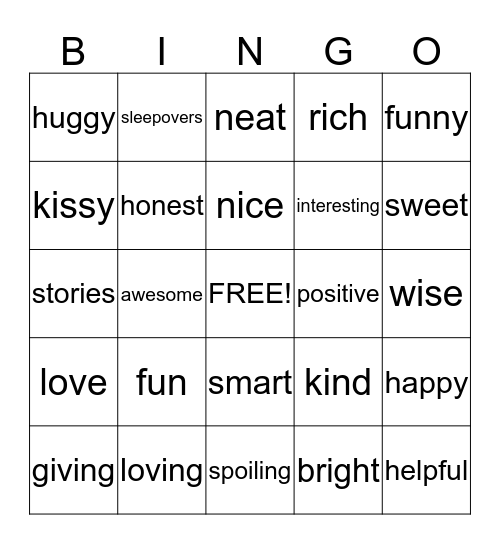 Grandparent's Day Bingo Card