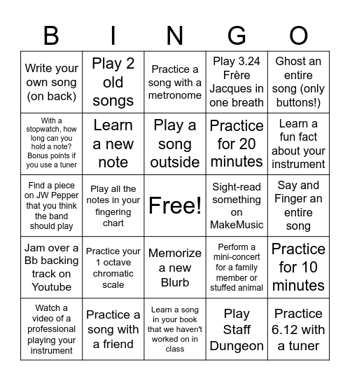 Spring Break Band Bingo Card