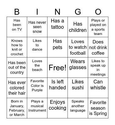 Get To Know You Bingo Card