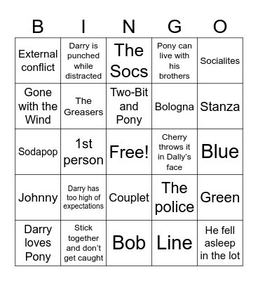The Outsiders Bingo Card