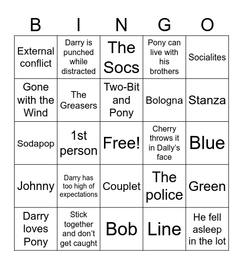 The Outsiders Bingo Card