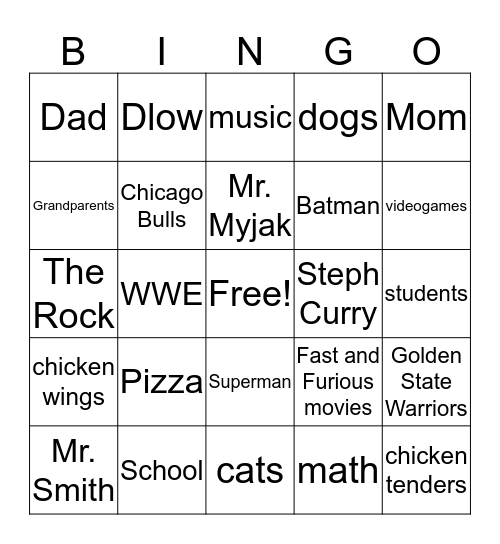 Adjective Bingo Card