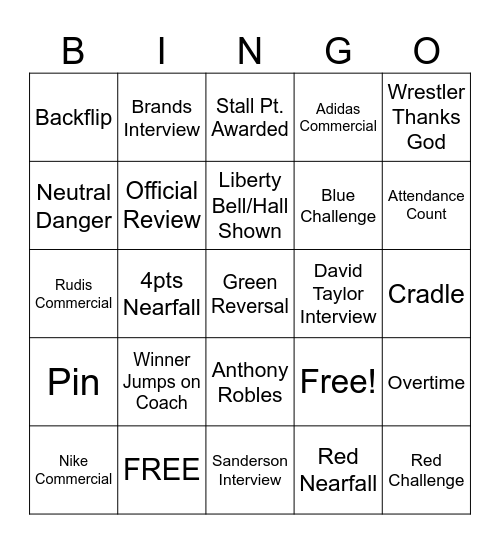 NCAA Wrestling Bingo Card