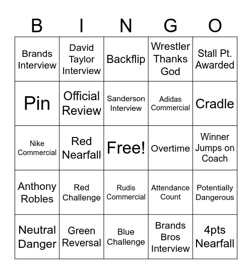 NCAA Wrestling Bingo Card