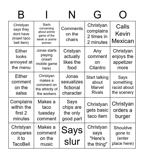 Jonas & Christyan Bingo Board Bingo Card