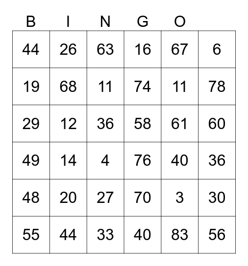 Number Bingo 1-90, 1 and 90 Bingo Card