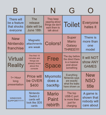 Switch 2 Direct Bingo PREDICTIONS Bingo Card