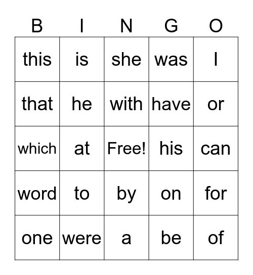 Snap Word Bingo Card