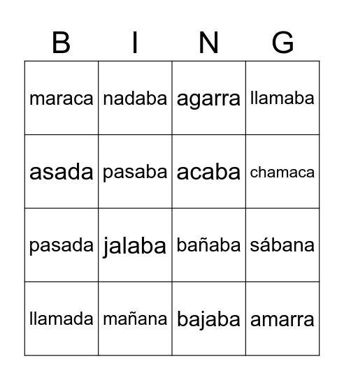 Palabras con a (tres sílabas) Bingo Card