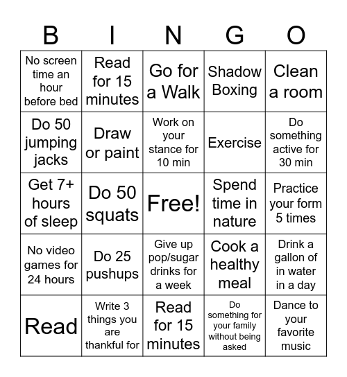 Healthy Activities BINGO Card