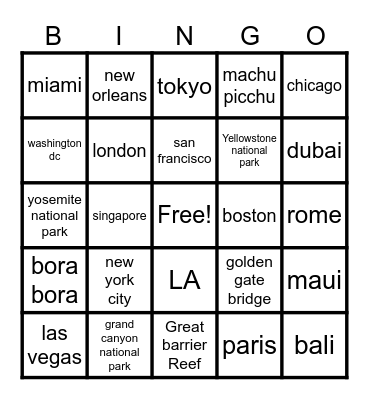 Top Places to Visit Bingo Card