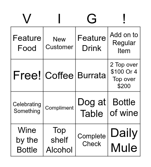 Vig Bingo Card